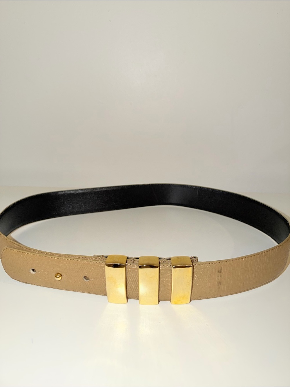 Tan Faux Leather Embossed Croc Belt with Gold Buckle Accents